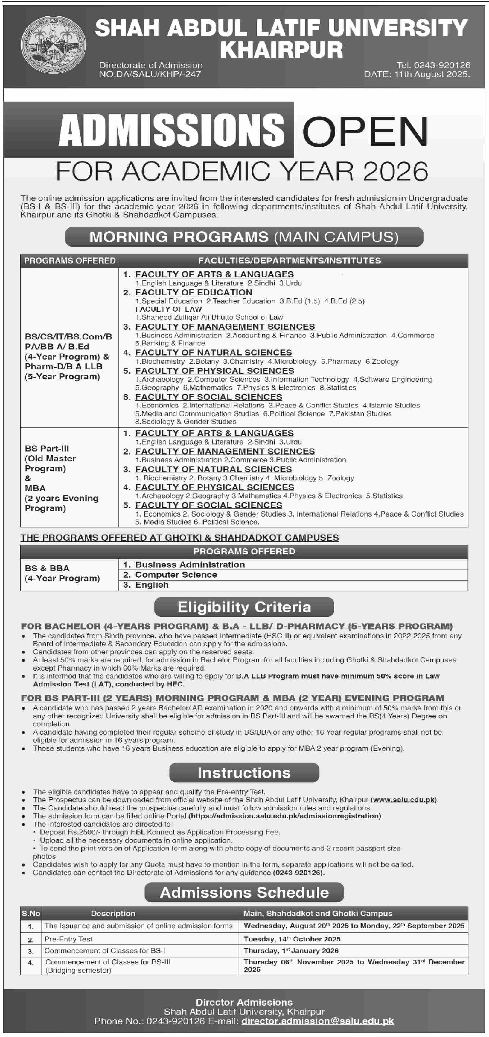 Admission Open in Shah Abdul Latif University Karachi
